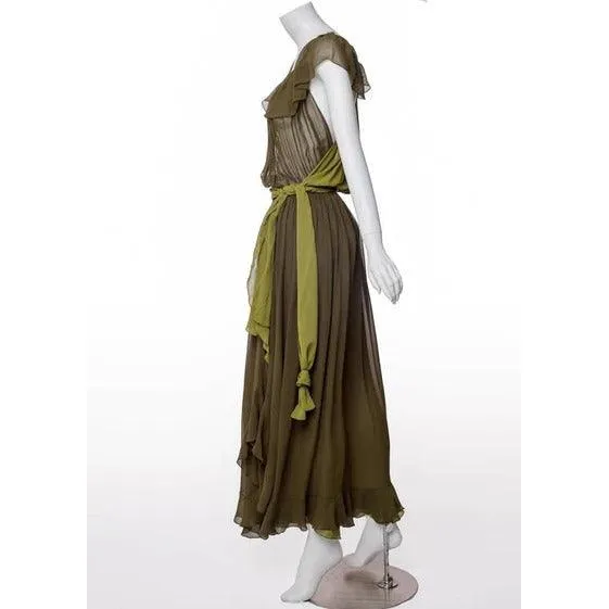 YVES SAINT LAURENT Vintage Green Silk Chiffon Ruffled Goddess Evening Gown